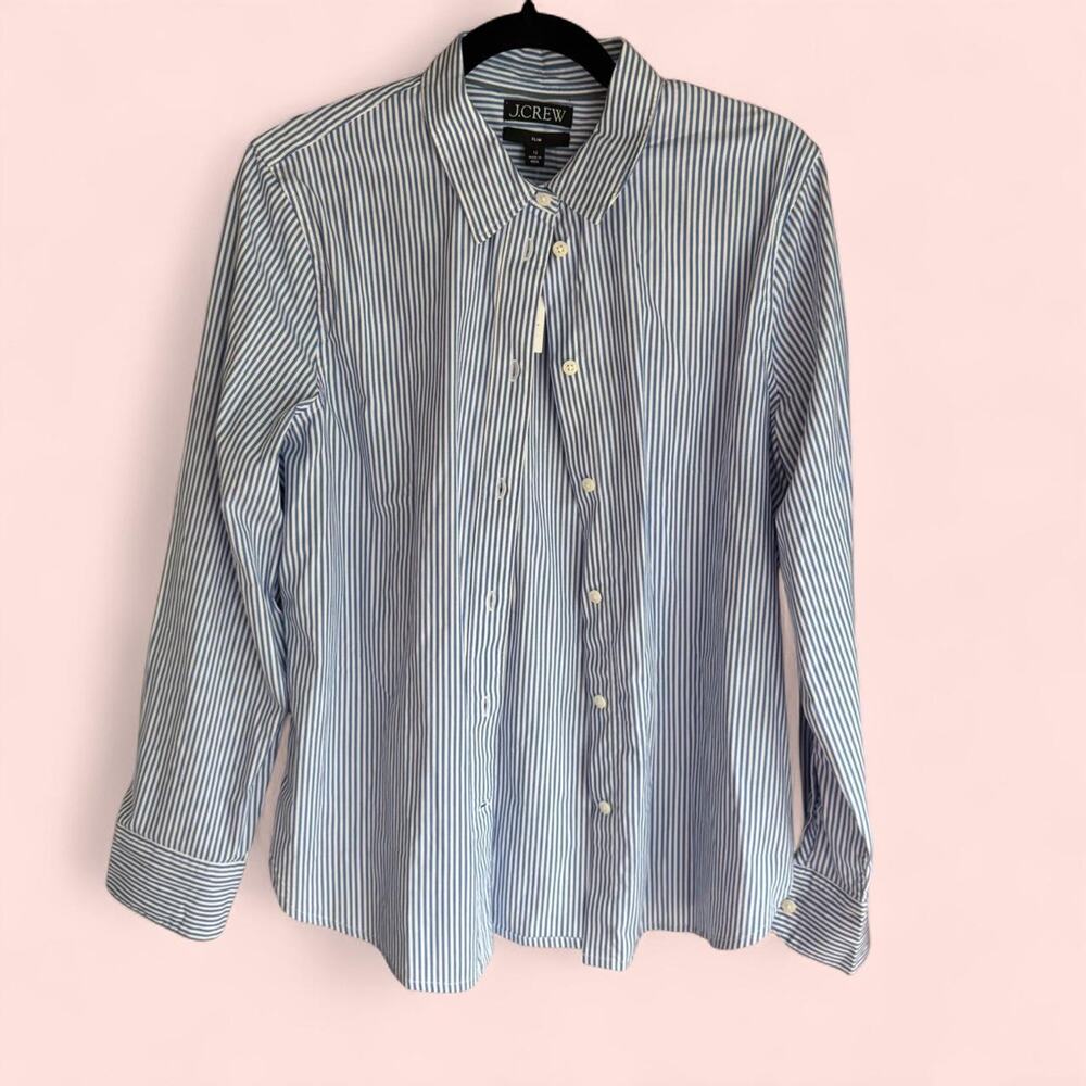 NWT J Crew Slim-Fit Stretch Cotton Poplin Shirt Blue White Stripes size 12